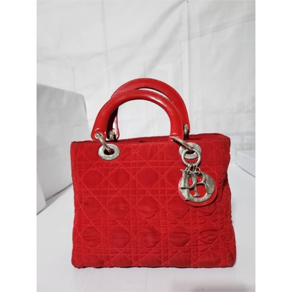 Authentic Christian Dior Vintage Canage Quilted Nylon Lady Dior Hand Bag Red - Picture 1 of 16